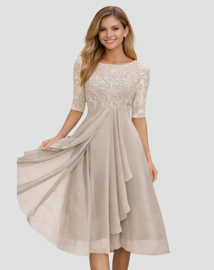 Midi Festkleid Damen Regular Fit Spitze Dreiviertelarm